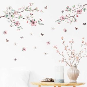 Autocollants muraux aquarelle rose, Branches de fleurs de pêcher, papillon, pour salon, chambre à coucher, chambre de fille, sparadrap muraux décoratifs pour la maison