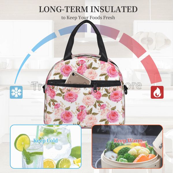 A acuarela Rose Rose Flor Lorzonadora Aislada Correo refrigerador para mujeres Bolsa de almuerzo termal reutilizable con correa de hombro ajustable