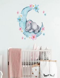 Aquarelle endormie Elephant sur la lune Autocollants muraux avec des fleurs pour enfants chambre bébé chambre pépinière.