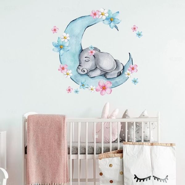 Autocollants muraux en aquarelle pour bébé éléphant endormi sur la lune, avec fleurs, pour chambre d'enfants, sparadrap muraux pour chambre de bébé, PVC197F