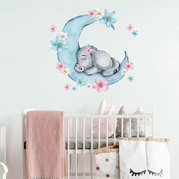 Autocollants muraux en forme d'éléphant sur la lune, aquarelle, avec fleurs, pour chambre d'enfants, sparadrap muraux pour chambre de bébé, PVC3195