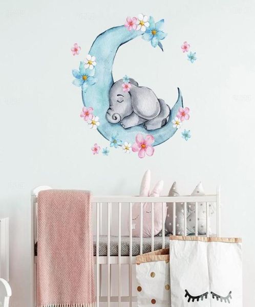 Acuarela para bebés dormidos en la luna pegatinas de pared con flores para la habitación de los niños salas de guardería de bebé calcomanías de pared pvc3614315