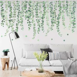 Autocollants muraux en osier, feuilles et Branches vertes de printemps, aquarelle, pour salon, chambre à coucher, décoration de porte et fenêtres, sparadrap muraux DIY