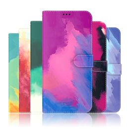 Waterverf portefeuilles voor Samsung S23 Ultra plus A14 5G M13 4G Motorola Moto G32 30 Edge Neo S30 Pro 5G X30 E22 G72 VERK OLIE Kleur Inkt Leer ID Kaart Flip Cover Deksel