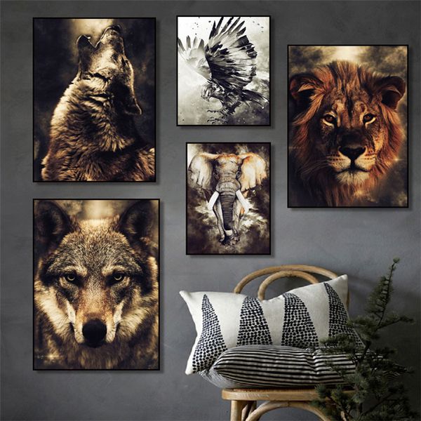 Aquarelle wolf lion aigle éléphant mur art toile peinture des affiches nordiques et imprimés images murales pour le salon décoration intérieure