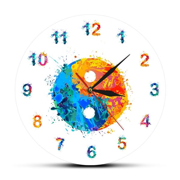 Aquarelle Ying Ying Symbole Boho Art Print Horloge murale Harmonie et équilibre Zen Decor religion Feng Shui silencieux mural montre 210325