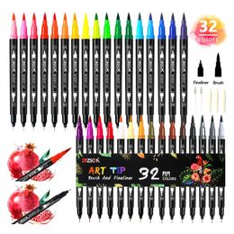 Watercolor ZSCM 32 Colors Duo Markers Art Pen Set Artist Fine and Brush Tip Gekleurde Pennen voor kinderen volwassen kleurboeken P230427