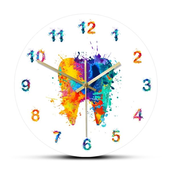 Aquarelle Dent Peinture Imprimer Horloge Clinique Dentaire Médicale Art Non Ticking Montre Murale Orthodontiste Dentiste Idée Cadeau 210310