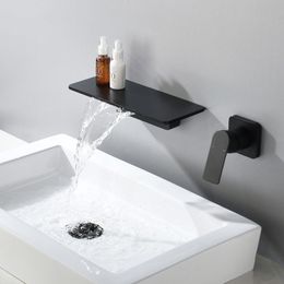 Robinet cascade noir mat mural de salle de bains Robinet de baignoire grande étagère plate-forme Mélangeur lavabo Robinet qualité de l'eau