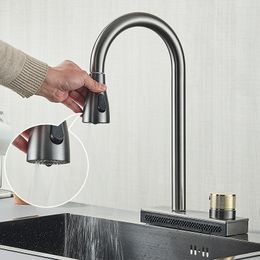 Cascade gris gris robinet robinet flexible tirette 3 voies pulvérisateur robinets de cuisine gastronomiques pain de cuisine de pluie volante