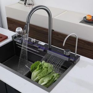 Cascade Évier De Cuisine En Acier Inoxydable Grande Fente Bionic Nid D'abeille Noir Lavabo Multifonctionnel Pull Out Robinet Robinet