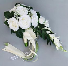 Bouquet de mariage de roses en soie cascade pour demoiselles d'honneur, bouquets de mariée, fleurs artificielles blanches, fournitures de mariage, décoration de la maison 4824374