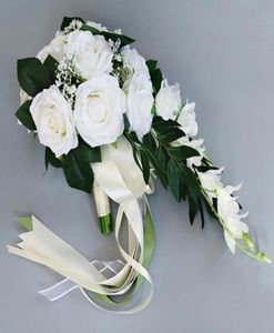 Ramo de boda de rosas de seda en cascada para damas de honor, ramos de novia, flores artificiales blancas, suministros de boda, decoración del hogar 8082797