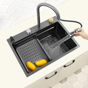 Évier cascade pour la cuisine évier de cuisine en acier inoxydable évier multifonction intelligent grand lavabo simple bol noir petit évier