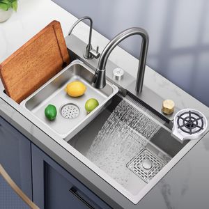 Cascade Évier Cuisine Raindance 304 En Acier Inoxydable Nano Topmount Évier Grand Fente Lavabo Bol Vidange Accessoires Ensemble