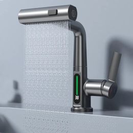 Grifo de lavabo con pantalla Digital de temperatura de cascada, rociador de corriente descendente, mezclador de fregadero de agua fría, grifo de lavado para baño 231226
