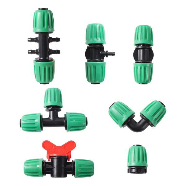 Equipos de riego 20 unids Codo recto Tee 16 mm PE Tubería Conector bloqueado Jardín Agricultura Riego automático Micro Sistema de riego Conjunto 231122