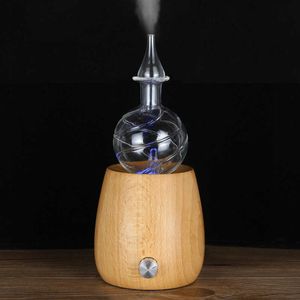 Waterless Pure Essential Oil Diffuser Nevelizer Air Diffusers Aromatherapie Houten Glas Elektrische LED-licht voor Home 210724