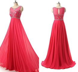 Watermelon Chiffon Evening Formele jurken Elegant Long 2021 Crystal kralen pure dop mouwen prom bruidsmeisje jurk feestvestidos de festia