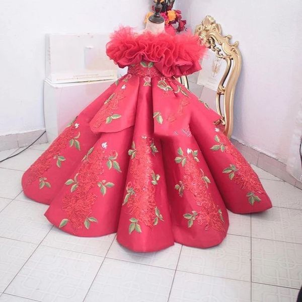 Robes de concours pour filles pastèque, épaules dénudées, couches en dentelle, avec des Appliques de fleurs, robe d'anniversaire pour tournage Po Cute273f