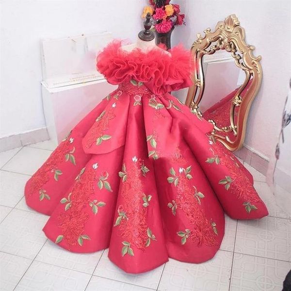 Robes de concours pour filles pastèque, épaules dénudées, couches en dentelle, avec des Appliques de fleurs, robe d'anniversaire pour tournage Po, Cute295k