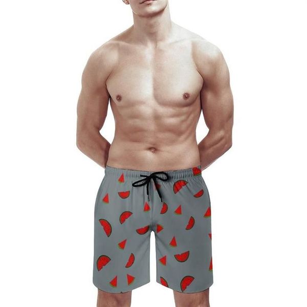 Short de plage imprimé gris pastèque pour hommes, maillot de bain d'été, doublure en maille à séchage rapide avec poches, 235P