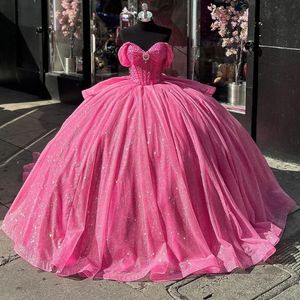 Watermeloen rode quinceanera glanzende kralen kristal boog prinses verjaardagsfeestje jurken van schouderbal jurk vestido de 15 anos