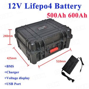 Batterie au lithium Lifepo4 étanche 12V 500Ah 600Ah avec BMS pour stockage d'énergie solaire camping-cars véhicule de tourisme + chargeur 20A