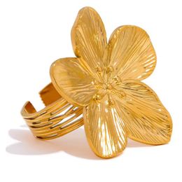 Fleur en acier inoxydable en or 18k étanche Big Ring ouverte pour les femmes Bijoux de déclaration d'été à la mode à la mode