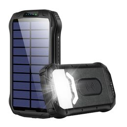 Impermeable 20000mAh Dual USB + Salida Tipo-C Banco De Energía Solar 18-LED Luz De Camping Cargador De Teléfono Batería Externa - Negro