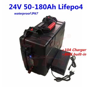 Batterie étanche 24V 50Ah 60Ah 80Ah 100Ah 130Ah 150Ah 180Ah Lifepo4 BMS 8S pour moteur à la traîne système solaire Camper + chargeur 10A