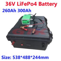 Batterie au lithium LiFepo4 étanche 36V, 260ah, 300ah, avec BMS, pour bateaux de pêche, système solaire, moteur EV RV, 250ah + chargeur 20a