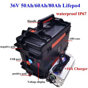 Waterdichte 36V 50AH 60AH 80AH LIVEPO4 Lithiumbatterij met BMS voor 2000W 1000W Bike Scooter Boot Golfkar Omvormer + 10A-oplader