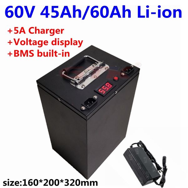 Batterie lithium-ion étanche, 60v, 45ah, 60ah, avec BMS, pour Tricycle, scooter, moto, remplacement au plomb, chargeur 5a, 6000W