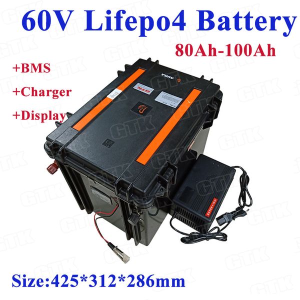 Batterie LiFepo4 étanche 60V, 80ah, 90ah, 100ah, pour motos, fauteuils roulants, pousse-pousse électrique extérieur, avec chargeur 10a