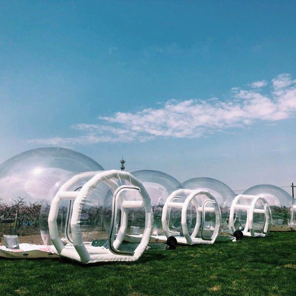 Tienda de burbujas inflable transparente de PVC resistente al agua y duradera, habitación transparente de lujo al aire libre, casa de cúpula con túnel hermético para acampar