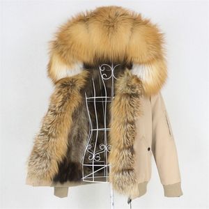 Imperméable Bomber Court Parka Veste D'hiver Femmes Vrai Manteau De Fourrure De Fourrure Naturelle Survêtement Capuche Épais Chaud Streetwear 201126