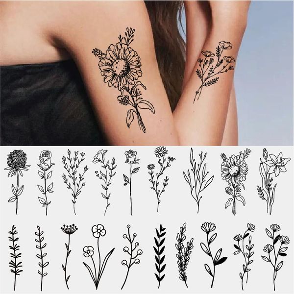 Autocollants de tatouage temporaires jetables imperméables plantes lignes de fleurs de lavande petits autocollants de fleurs de lys blanc noir frais