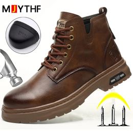 Bottes en cuir imperméables chaussures de sécurité hommes bottes à bout en acier chaussures de travail à glissière latérale chaussures indestructibles anti-crevaison de protection 240130
