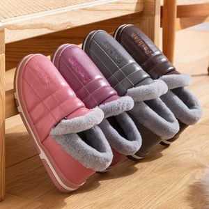 Pantoufles Femmes en cuir imperméable à l'eau PU maison pantoufle femme chaud en peluche concis Couple intérieur étages chaussures dame chambre chaussures 13844 70372