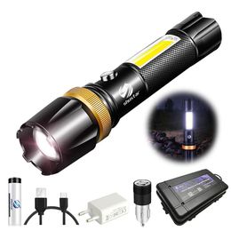 Lampe de poche LED étanche avec éclairage latéral des torches COB Zoom rotatif 3 modes d'éclairage Alimenté par une batterie 18650 pour le camping