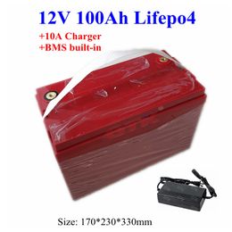 Waterdichte lifepo4 12v 100ah lithium accu oplaadbare bateria 12v voor elektrische driewieler power boot omvormer + 10A Charger