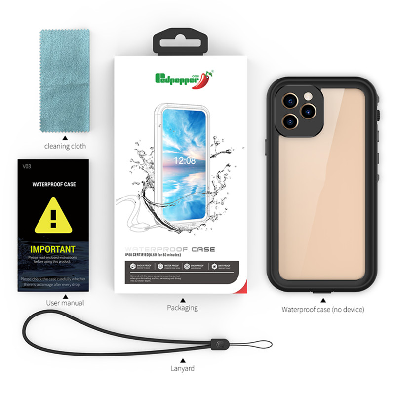 Vattentät telefonfodral för iPhone12 Mini 11 Pro XR Max XS 8Plus 7 6S Clear Redpepper stötsäker snöbeständig simningsfodral