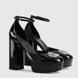 Patentleer platform dikke hakle jurk schoenen enkelband crystal buckle sandalen pompen dames feestavond schoenen luxe ontwerper hoge hakken 35-42 met doos