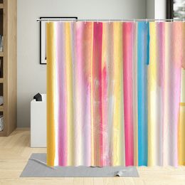Rideau de douche en tissu en polyester imperméable avec crochets, arc-en-ciel, bande colorée, impression de texture, écran de salle de bain, écran de bain