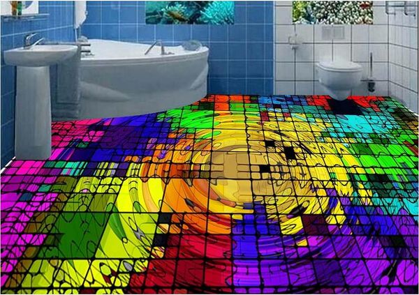 Papel pintado de PVC impermeable 3D dimensional abstracto colorido cuadrados onda textura piso pvc vinilo suelo baño