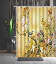 Rideau de douche imperméable style chinois fleurs jaune rouge oiseau machine baignoire lavable décoration rideaux de bain avec crochets4203328