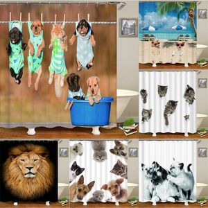 Rideau de douche imperméable pour salle de bains, imprimé d'animaux amusants, joli chat et chien avec crochets, écran de baignoire 220429
