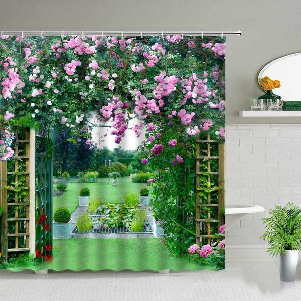 Ensemble de rideau de douche imperméable fleurs pont en arc paysage décor à la maison salle de bain rideau tissu polyester fond décoration murale 210609