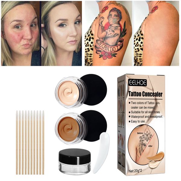 Juego de corrector para cubrir tatuajes a prueba de agua, kit de crema de maquillaje y aplicadores para cubrir cicatrices de tatuajes para manchas oscuras, cicatrices, vitíligo, cosmética corporal profesional